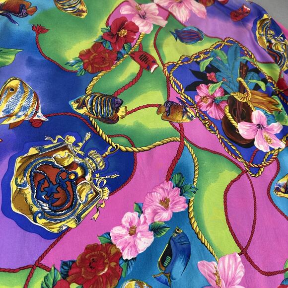 Vintage Bella Camicie Shirt Womens Small Silk Hawaiian Floral Fish Print 90s - Picture 12 of 13